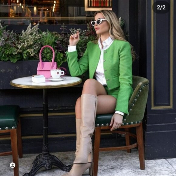 Zara Apple Green Textured Rhinestone Buttons Cropped Blazer - Picture 2 of 6